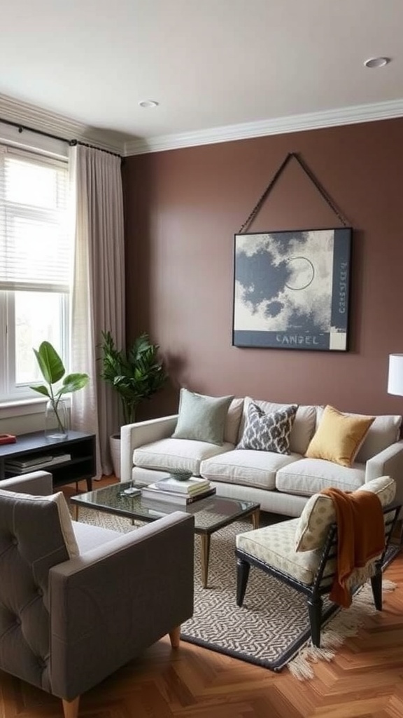 A small living room with a rich brown accent wall, featuring a beige sofa, patterned chairs, and indoor plants.