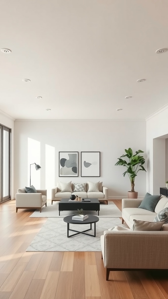 Bright and airy open concept living room with neutral colors, wooden flooring, and modern decor.