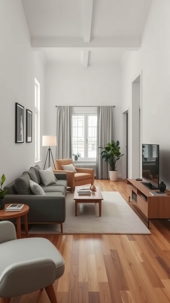 A stylish narrow living room featuring low-profile furniture, including a sleek gray couch, an orange chair, and a low coffee table.