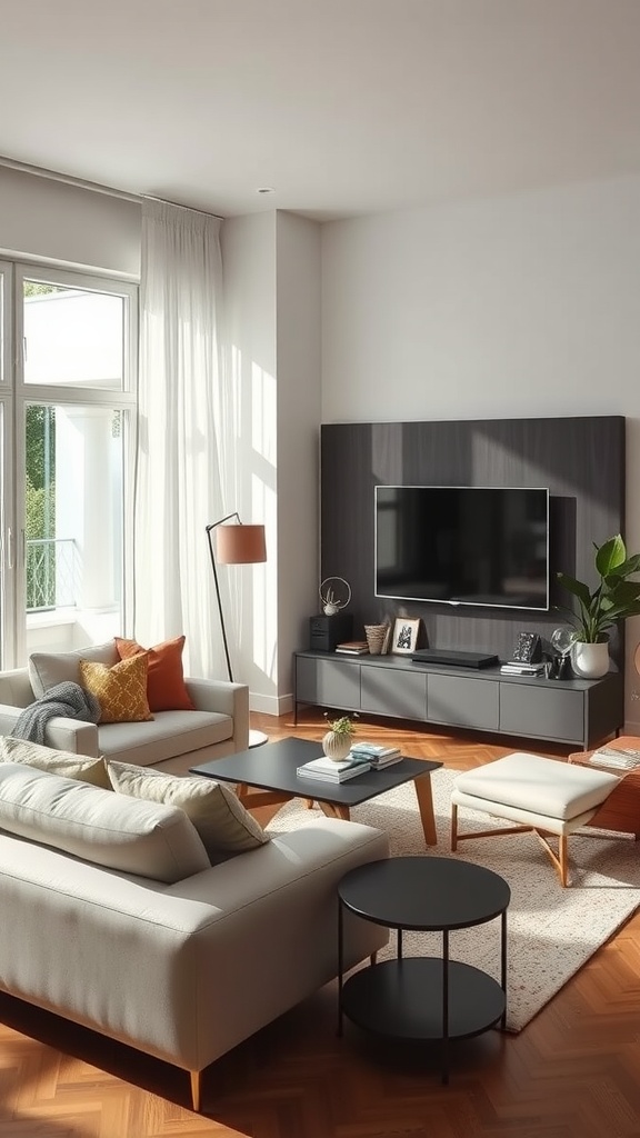 A modern small living room featuring sleek furniture, a light couch, a coffee table, and a media console.