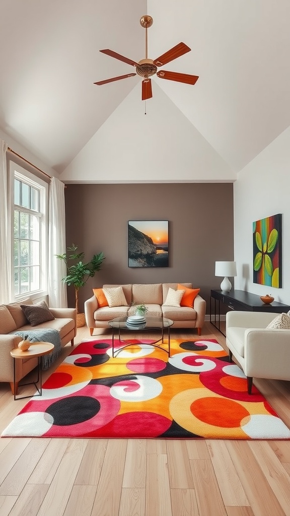 A lively living room with a colorful rug, high ceiling, and modern furniture.