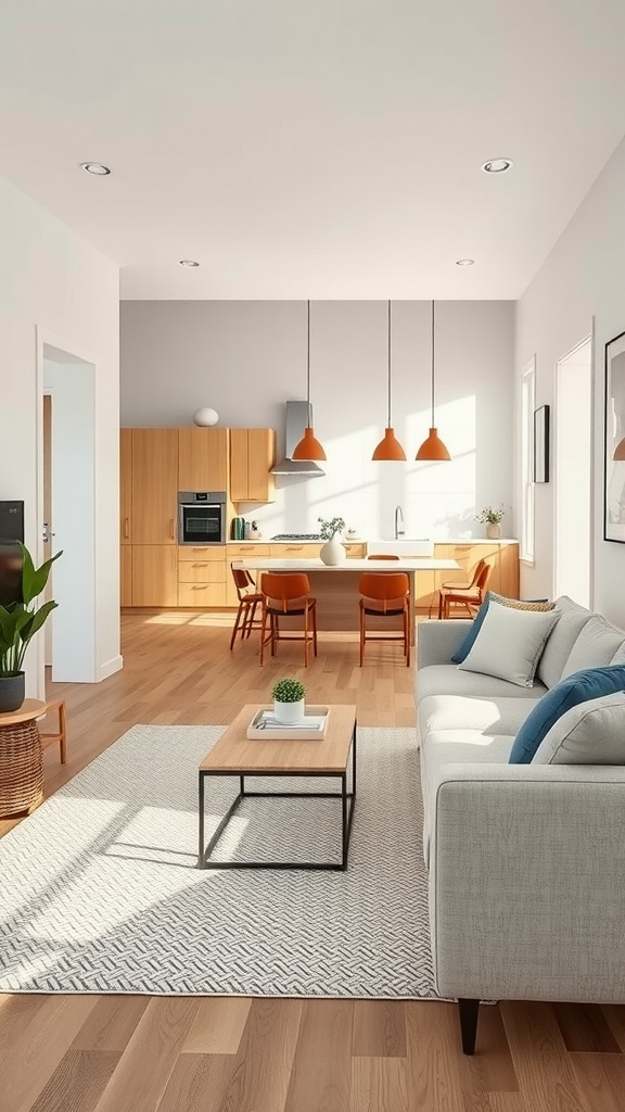 Living room and kitchen space with a low-profile sofa, wooden dining table, and pendant lighting.