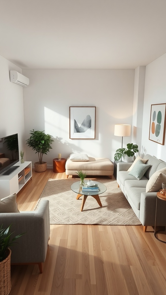 A cozy small living room layout with two sofas, a coffee table, and plants.