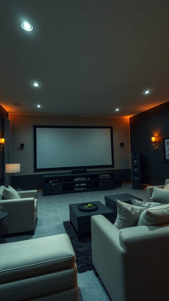 A modern home theater with comfortable seating, a large screen, and soft lighting.