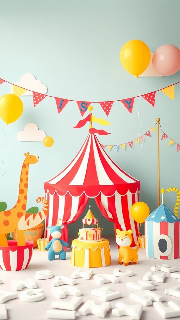 A circus-themed baby shower setup featuring a red and white striped tent, colorful balloons, a decorated cake, and playful animal figures.