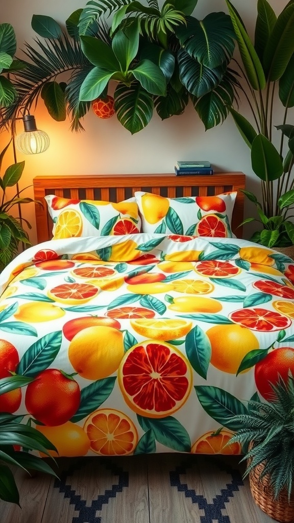 A vibrant bedspread with citrus fruits and green leaves on a wooden bed, surrounded by plants