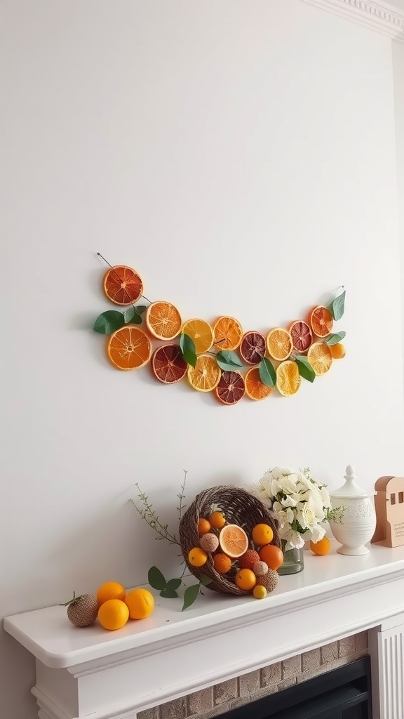 A colorful citrus slice garland made of dried orange slices and green leaves, displayed on a white mantle.