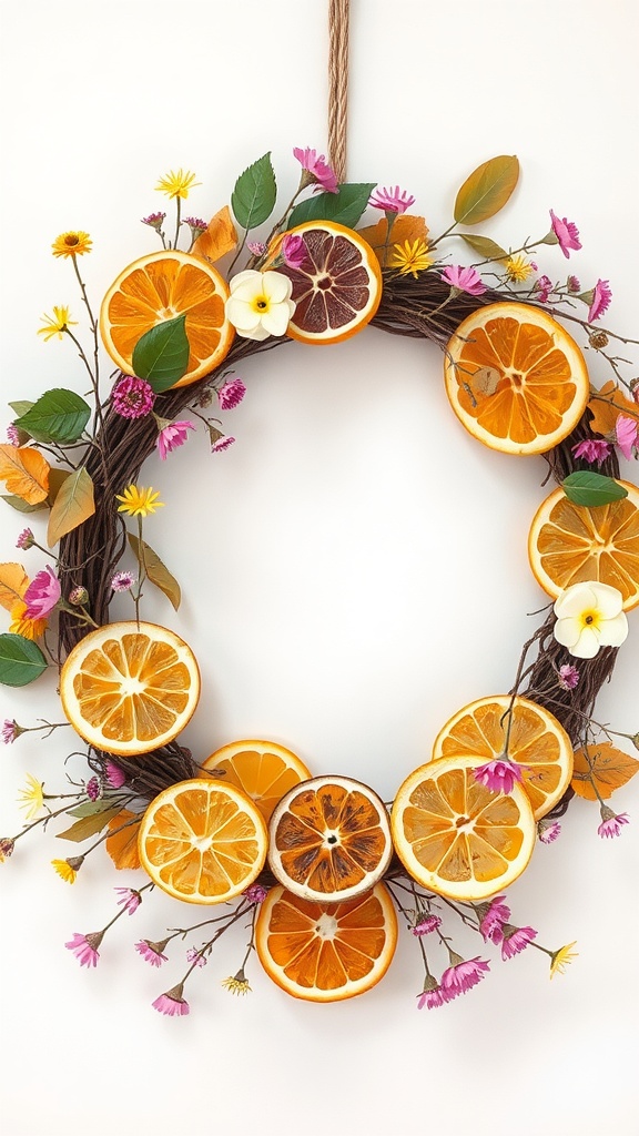 A vibrant citrus slice wreath featuring dried orange slices, colorful flowers, and twigs.