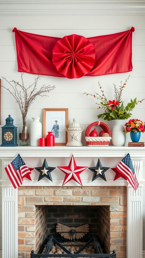 A summer mantel decorated with red fabric, patriotic stars, and flowers, embodying classic Americana