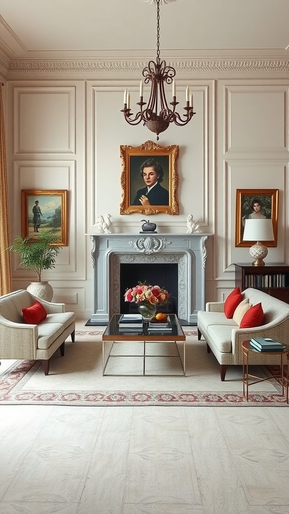 A classic formal living room featuring elegant furniture, framed portraits on the wall, and a chandelier.