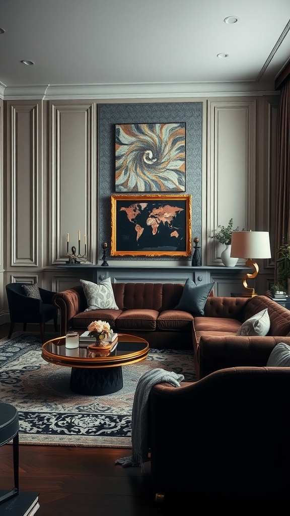 A stylish living room featuring a dark brown sofa with gold accents and elegant decor.