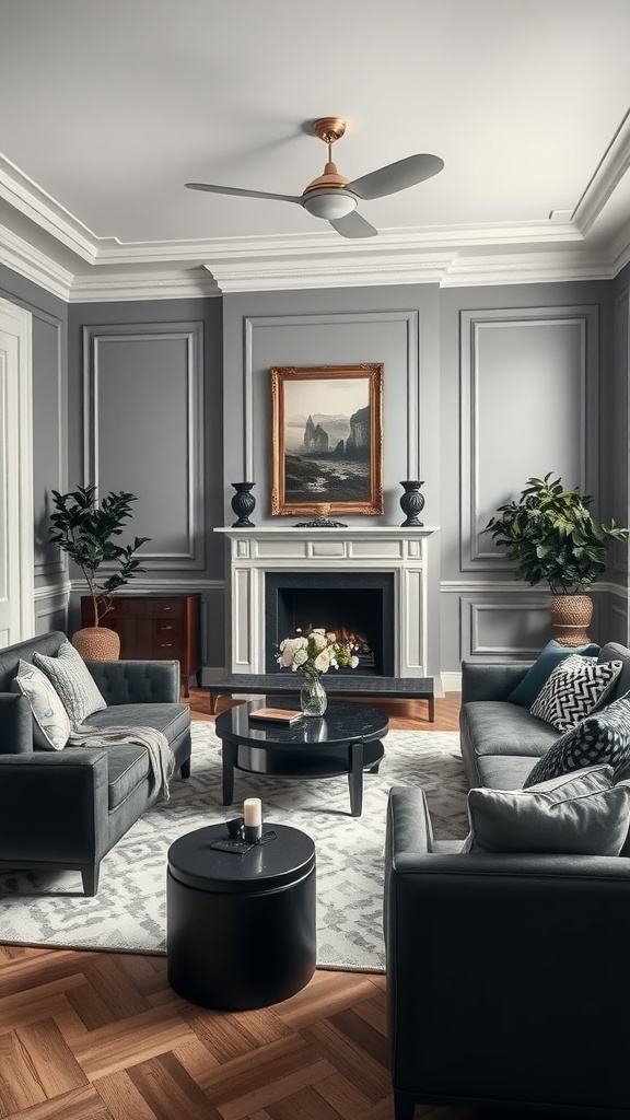 A stylish grey and white living room featuring plush sofas, a round coffee table, and decorative plants.