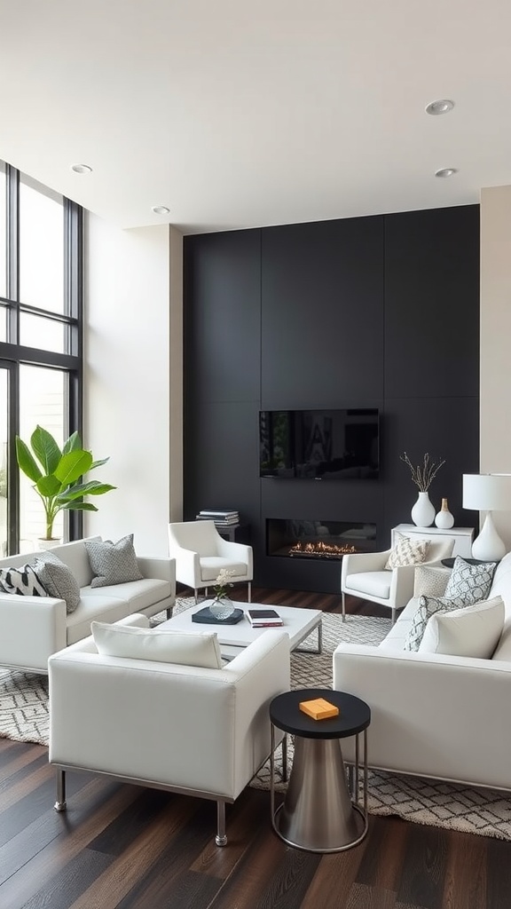 Living room featuring a black accent wall with white furniture and large windows