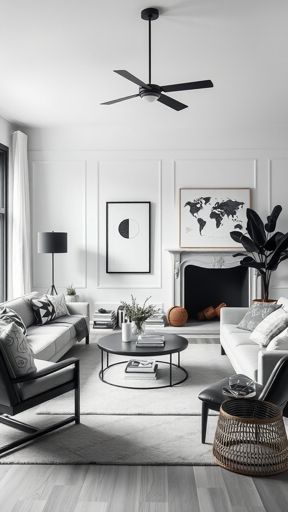 A classic black and white living room with modern furniture and decor.