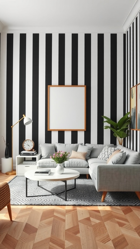 Living room with black and white striped walls, gray sofa, and wooden accents