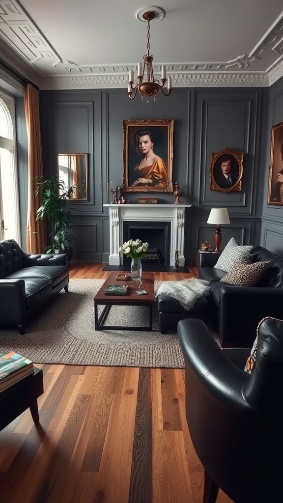 A cozy living room featuring classic black leather furniture, grey walls, and elegant decor.