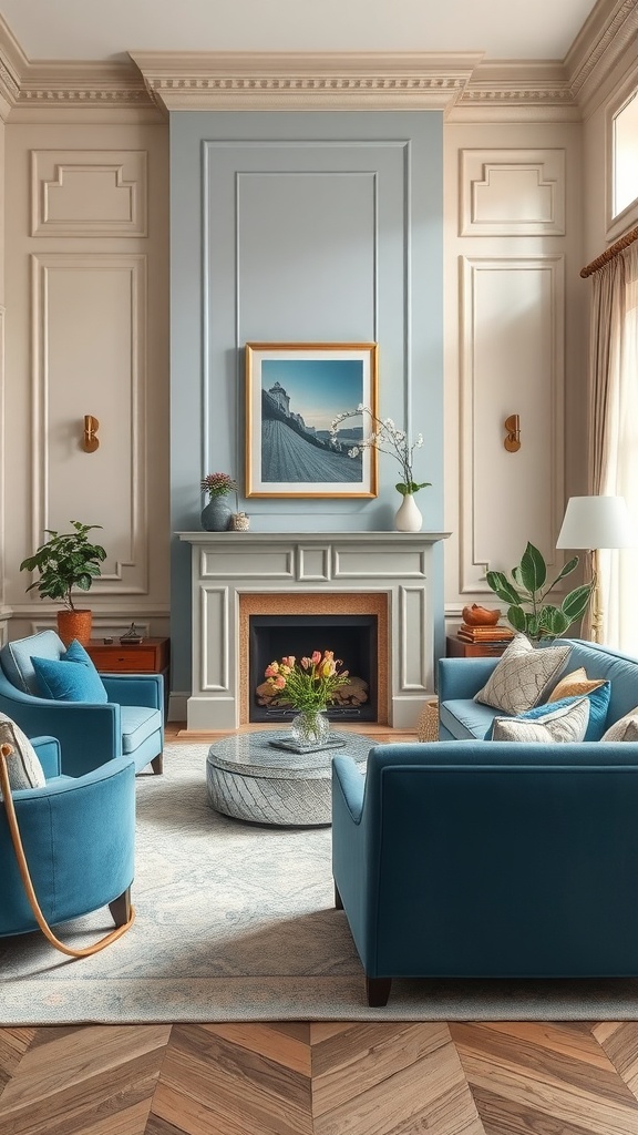 A stylish living room featuring blue furniture, beige walls, and a cozy fireplace