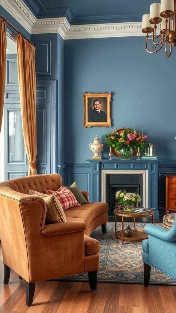 A cozy living room featuring blue walls, warm brown furniture, and elegant decor.