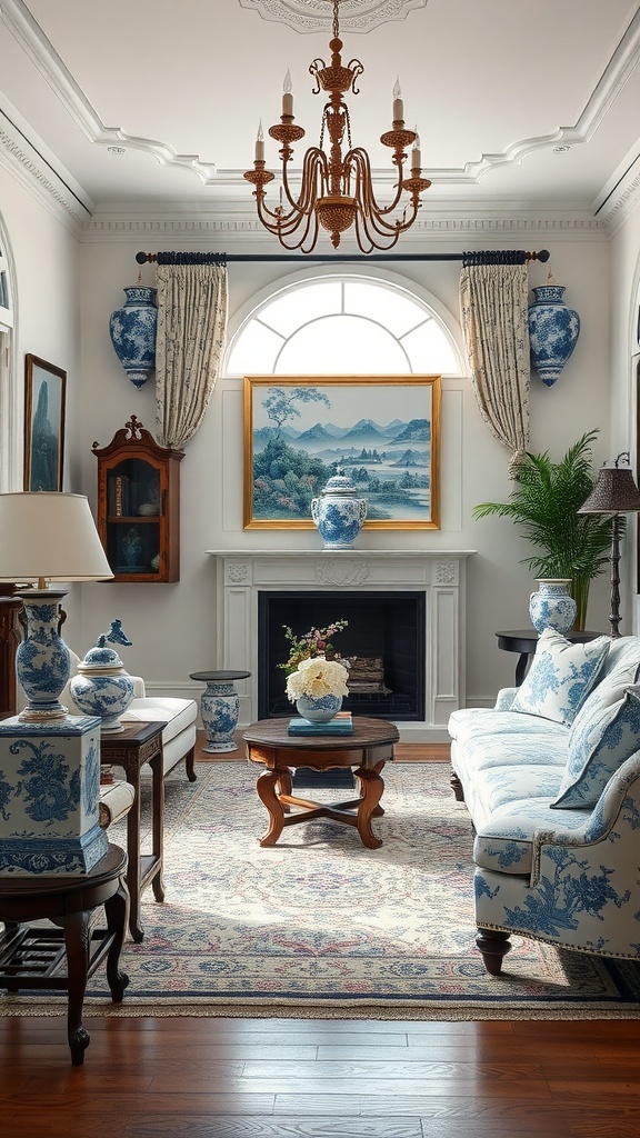 Living room decorated with blue and white porcelain vases and furniture.