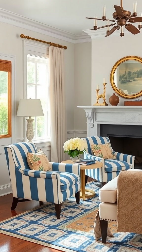 A living room featuring blue and white striped accent chairs with a round table and flowers, creating a cozy atmosphere.