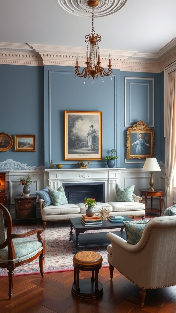 A classic blue accent wall living room featuring elegant furniture and decor.