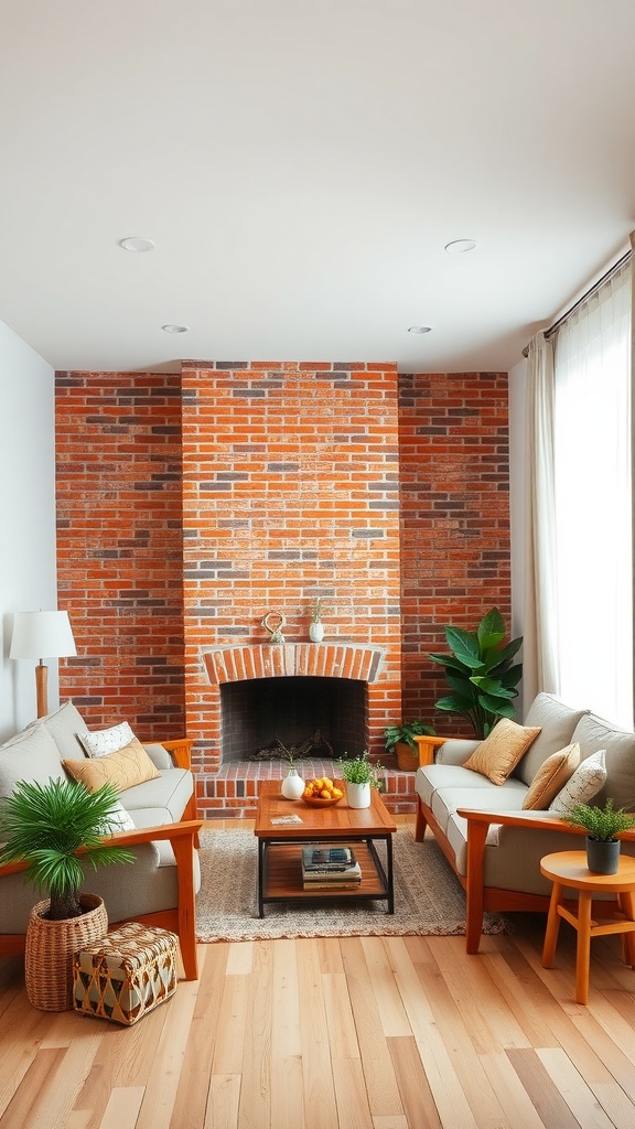 Living room with classic brick accent wall, featuring cozy sofas and wooden accents.