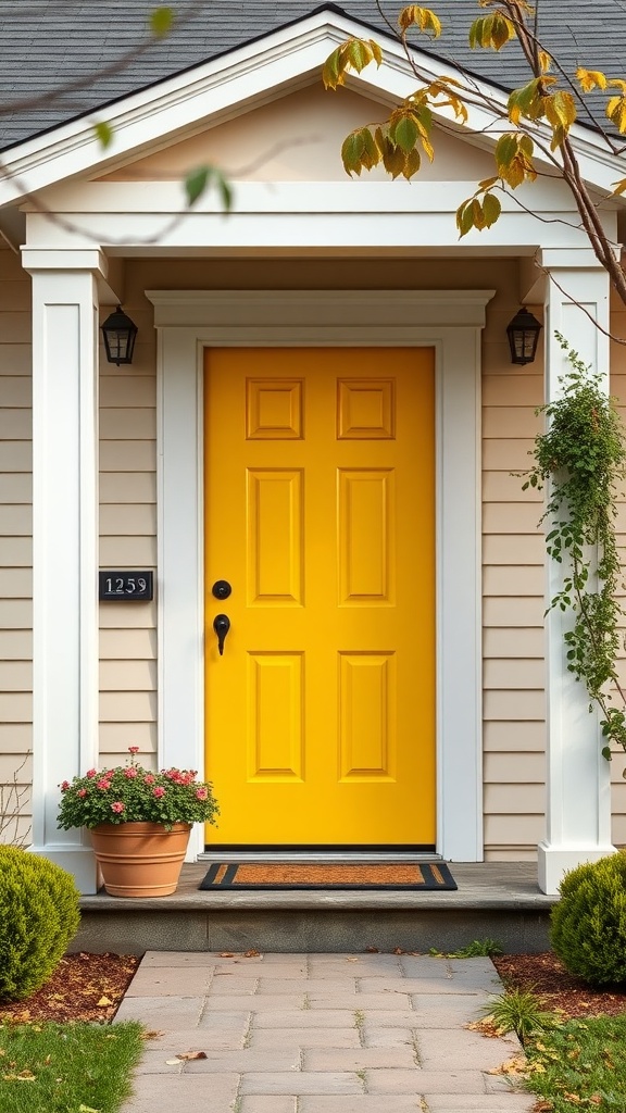 A classic bright yellow front door with white trim, surrounded by potted flowers and a clean porch.