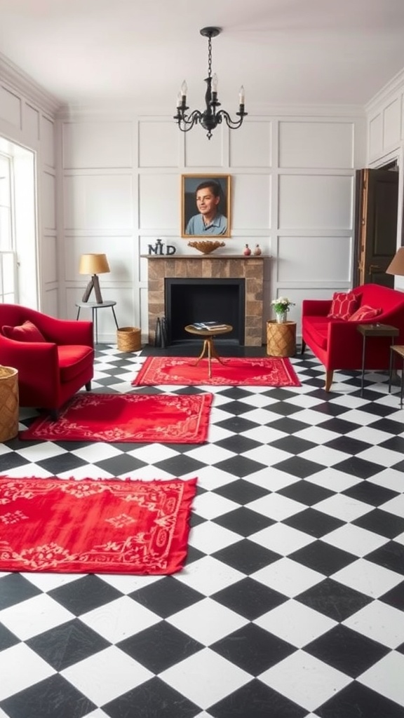 Living room featuring classic checkerboard flooring with red rugs and red chairs