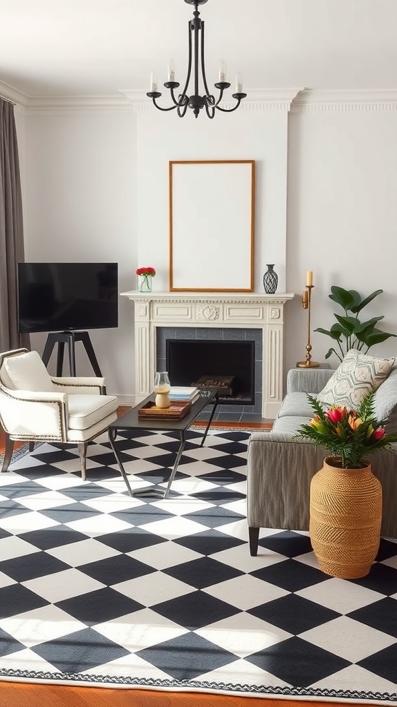 A living room with a classic checkerboard rug featuring black and white squares, complemented by modern furniture and decorative plants.