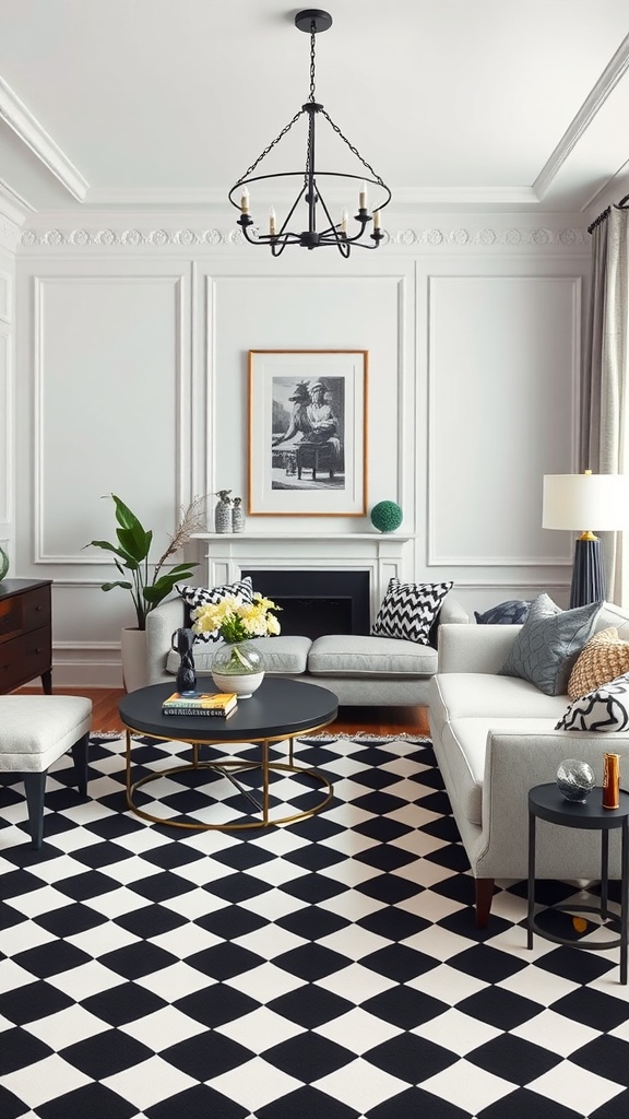 A living room featuring a classic black and white checkered rug, modern furniture, and stylish decor.