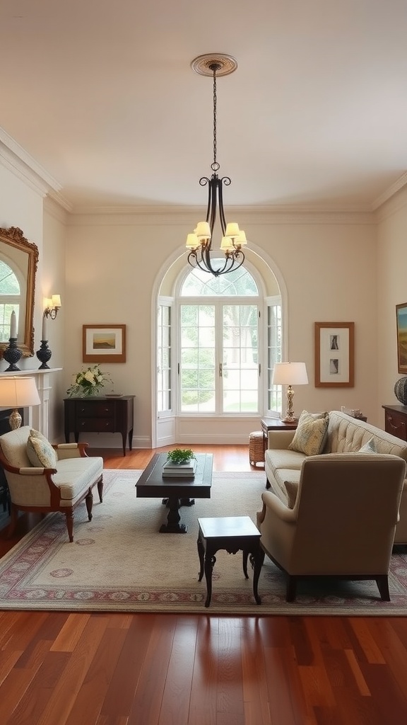 A classic Colonial Revival living room with elegant furniture, hardwood floors, and large windows.