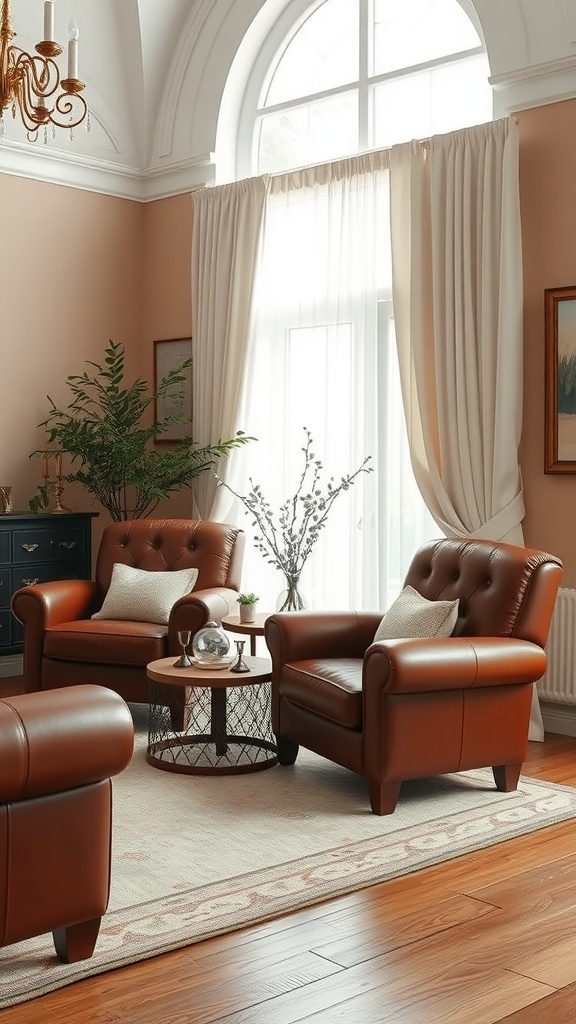 A cozy living room with brown leather chairs, peach walls, and large windows.