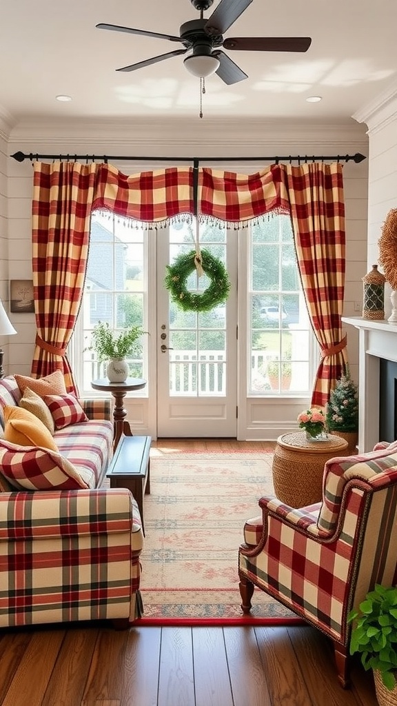 A cozy living room with plaid furniture, curtains, and warm decor, perfect for classic country living.