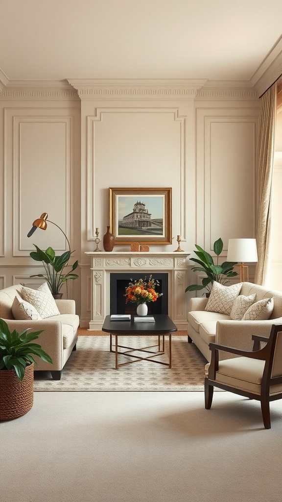 A cozy living room with classic cream walls, stylish furniture, and decorative plants.