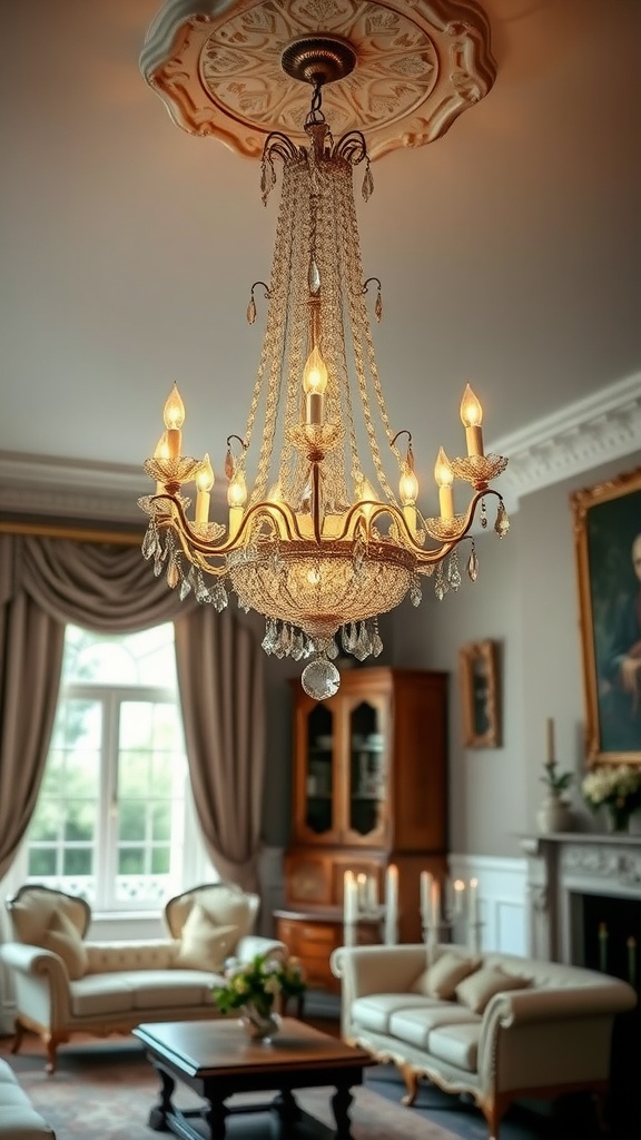 A classic crystal chandelier hanging in an old English living room, illuminating the space with a warm glow.