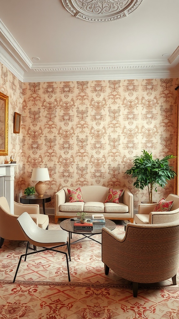 A living room featuring classic damask patterned wallpaper, elegant seating, and a touch of greenery.