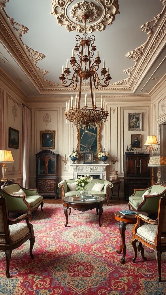 A classic living room featuring elegant furniture, an ornate chandelier, and rich decor.