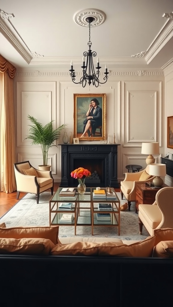 An elegantly designed living room featuring a chandelier, stylish furniture, and a beautiful portrait.