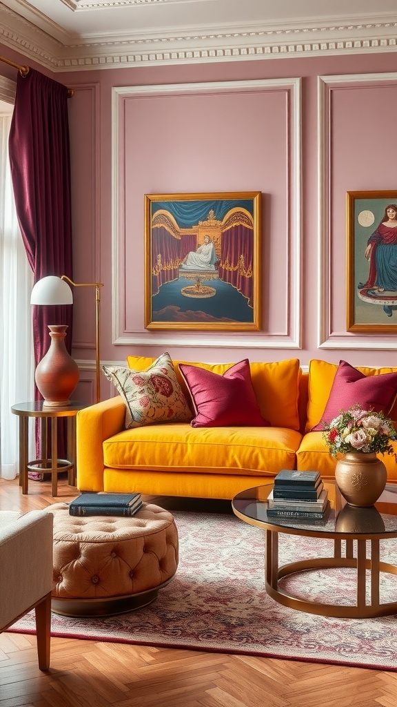 Living room with a mustard yellow sofa, pink walls, and rich jewel tones