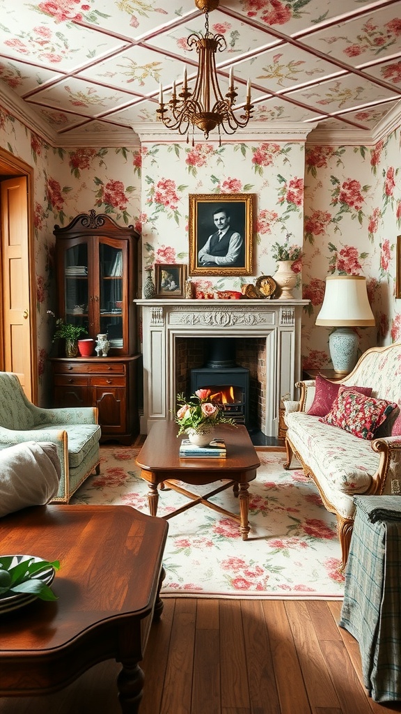 Cozy living room showcasing classic English country style with floral wallpaper and vintage furniture.