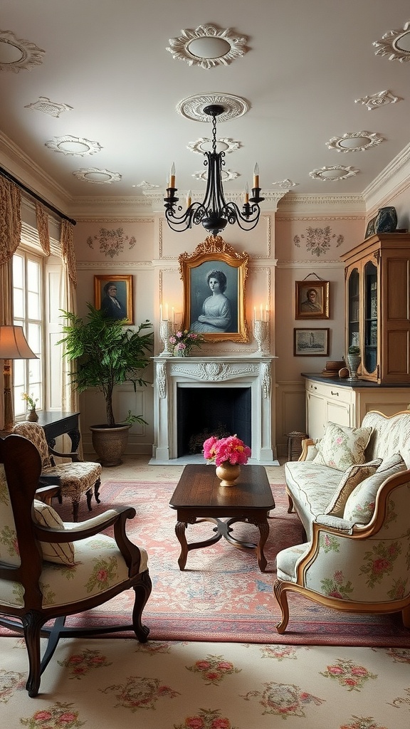 A classic French country living room with floral furniture, chandelier, and vintage portraits.