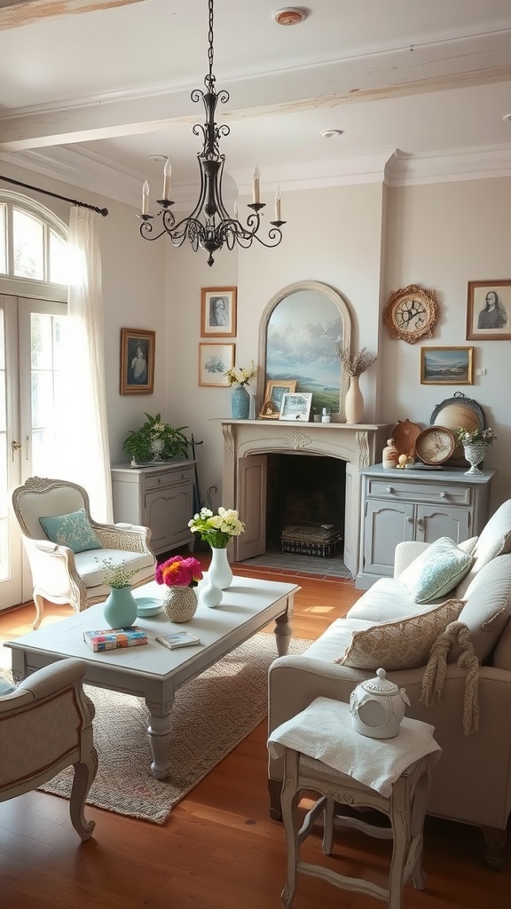 A cozy vintage living room featuring French country style with light colors, floral arrangements, and classic furniture.