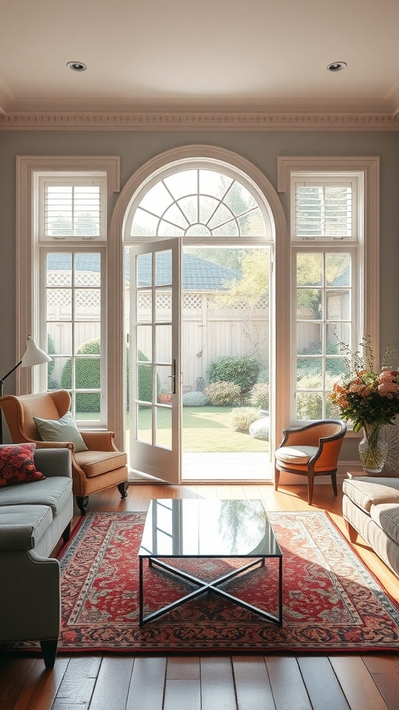 A cozy living room featuring classic French doors that open to a garden, with comfortable seating and a beautiful rug.