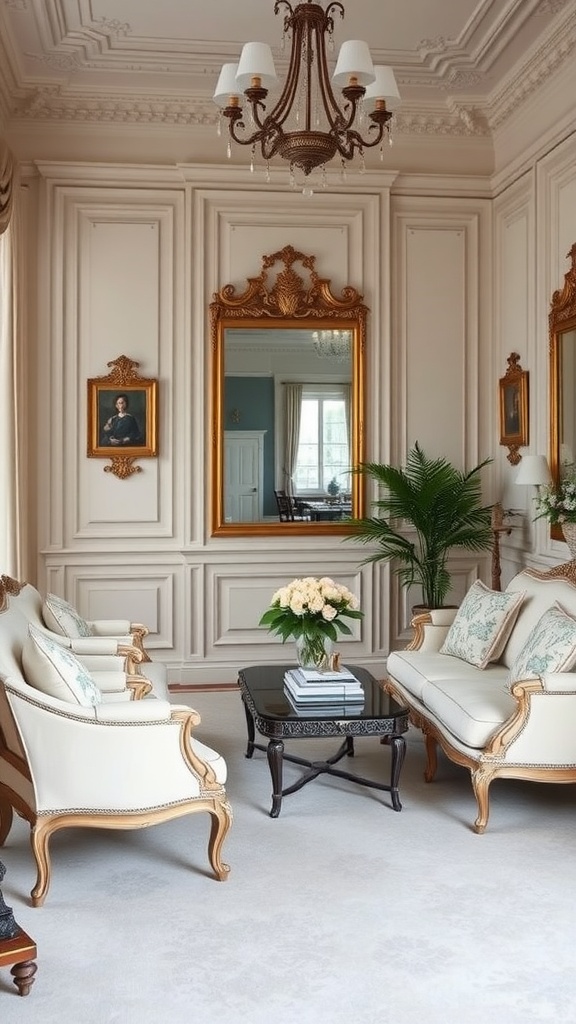 A classic French style living room with off-white walls, elegant furniture, and a chandelier.