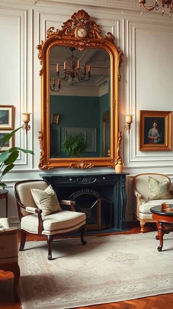 A classic gold mirror with intricate detailing hanging above a fireplace, surrounded by elegant seating.