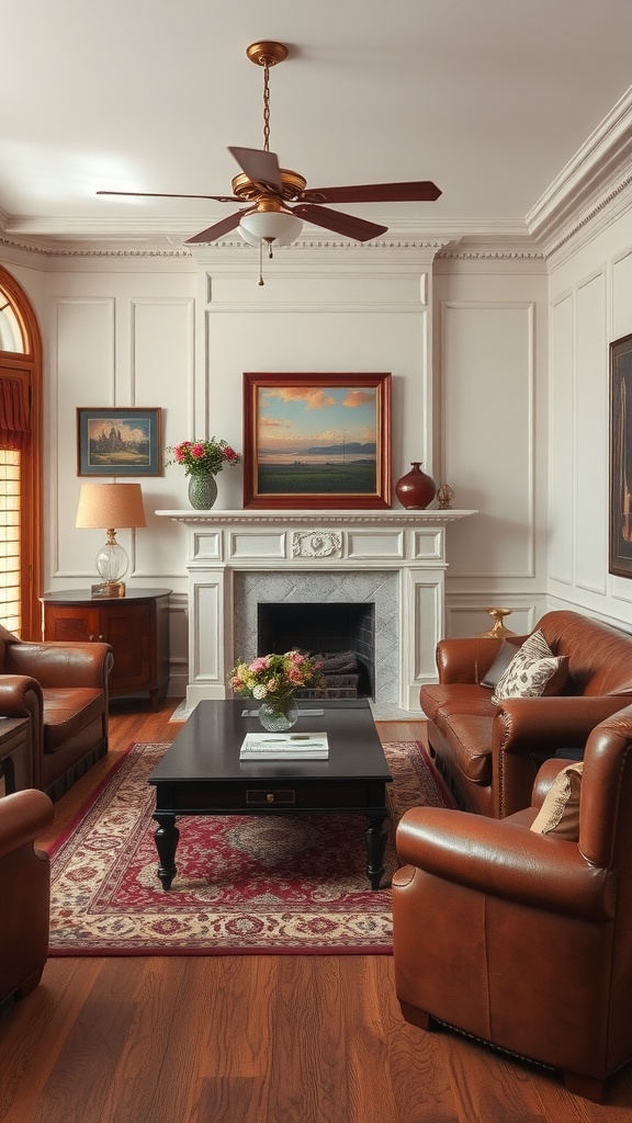 Classic living room featuring leather sofas, wooden coffee table, and warm decor