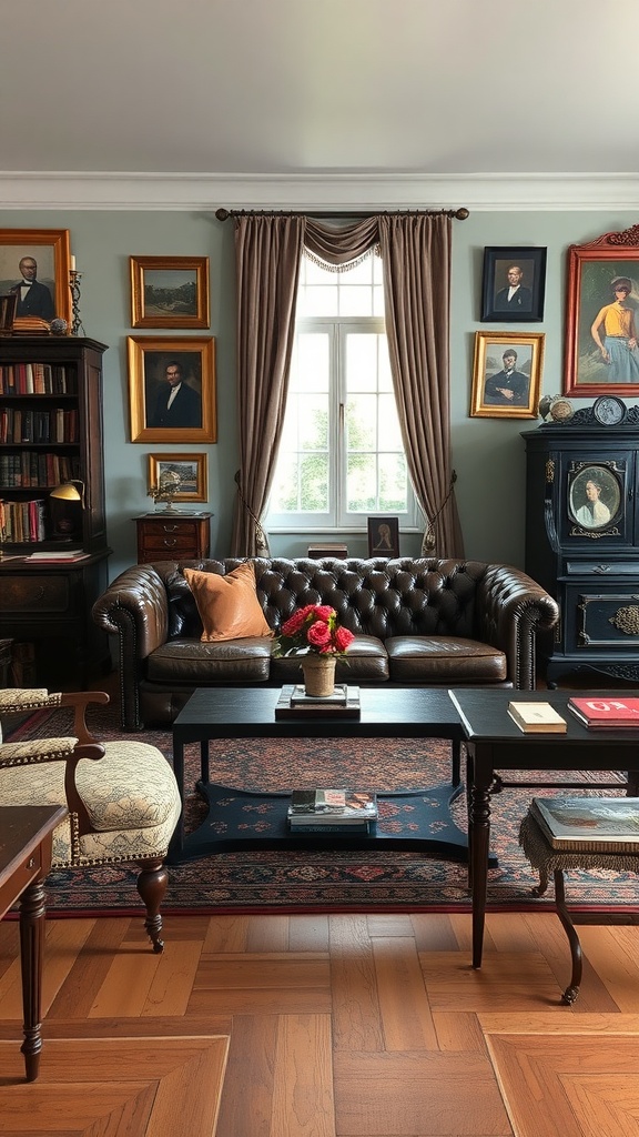 A classic leather sofa in a traditional living room with framed portraits, curtains, and a dark wood coffee table.