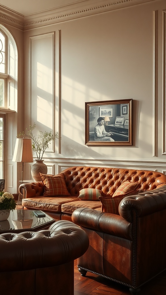 A cozy living room with a classic leather sofa featuring tufted upholstery and throw pillows, illuminated by natural light from large windows.