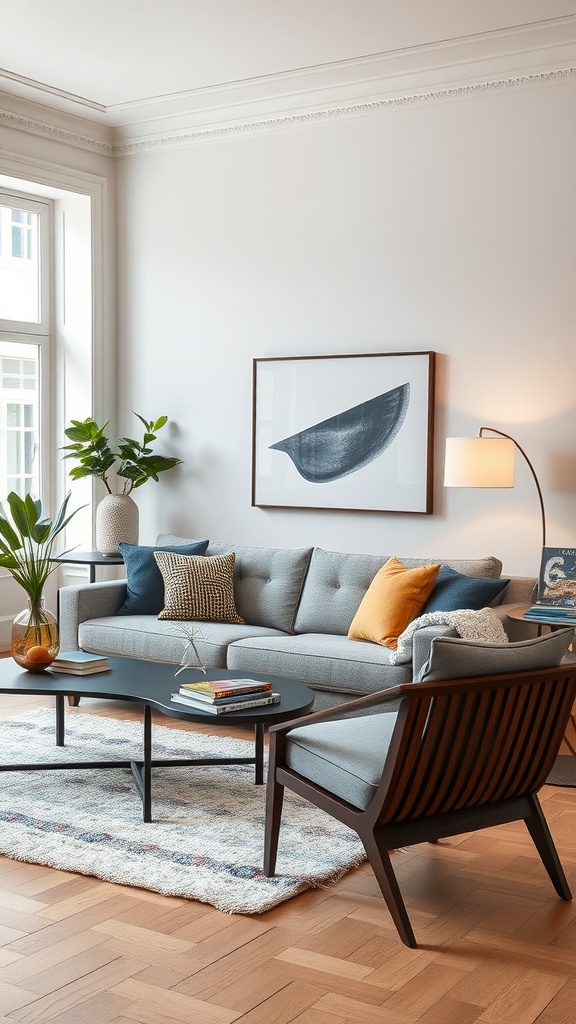 A stylish living room featuring a grey couch, colorful cushions, and a modern armchair.