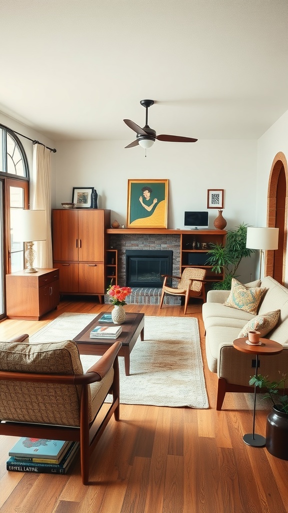 A cozy mid-century modern living room featuring classic furniture, warm wood tones, and artistic decor.